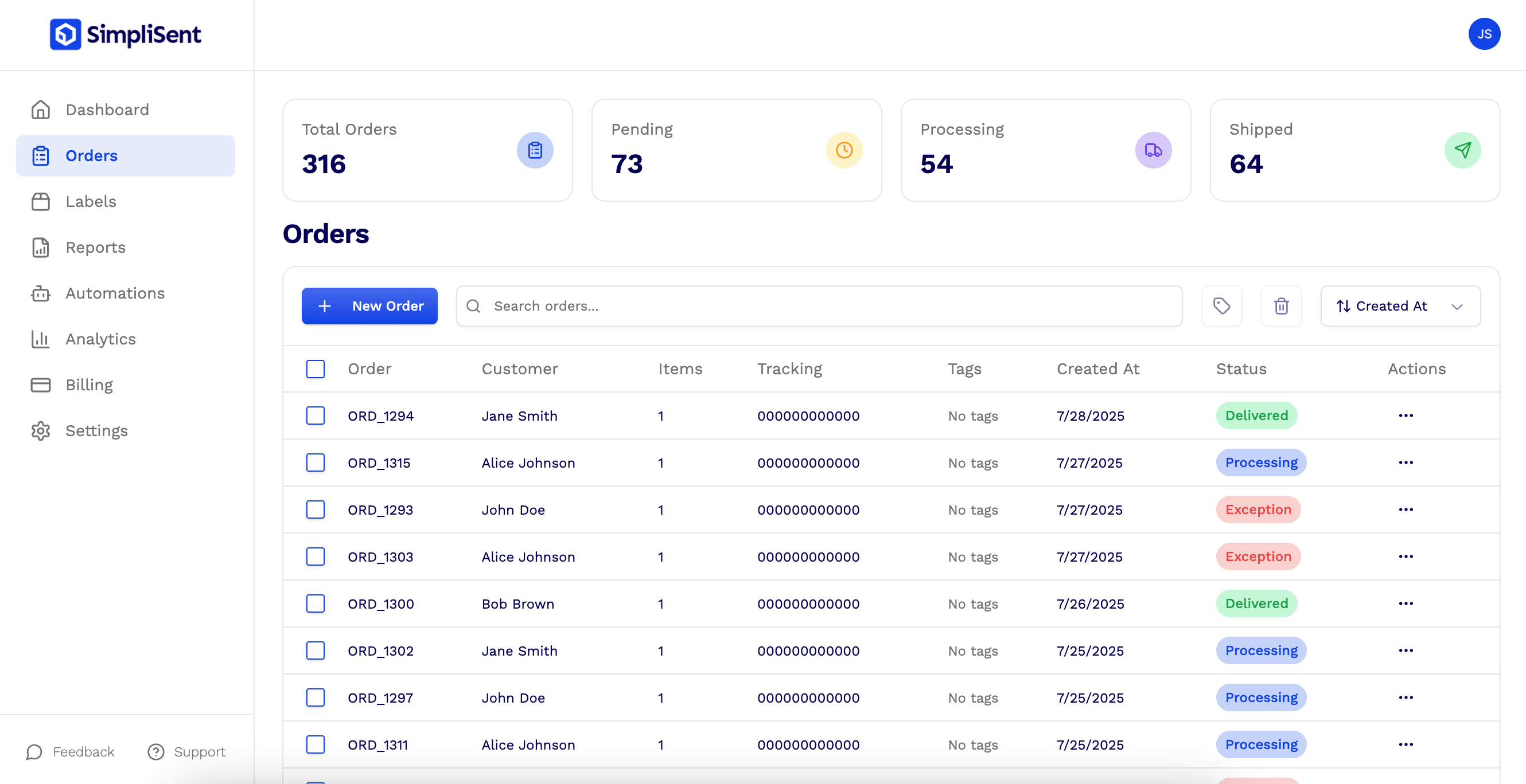 SimpliSent shipping labels interface